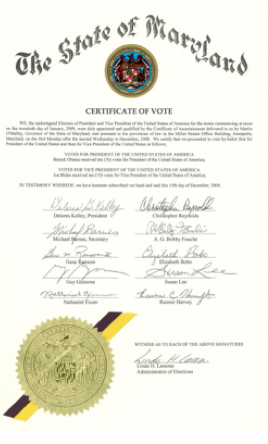 official elector certificate from the State of Maryland